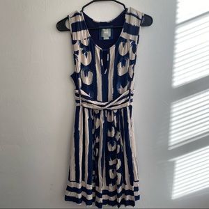 Maeve Blue & Cream Geometric Belted Dress
